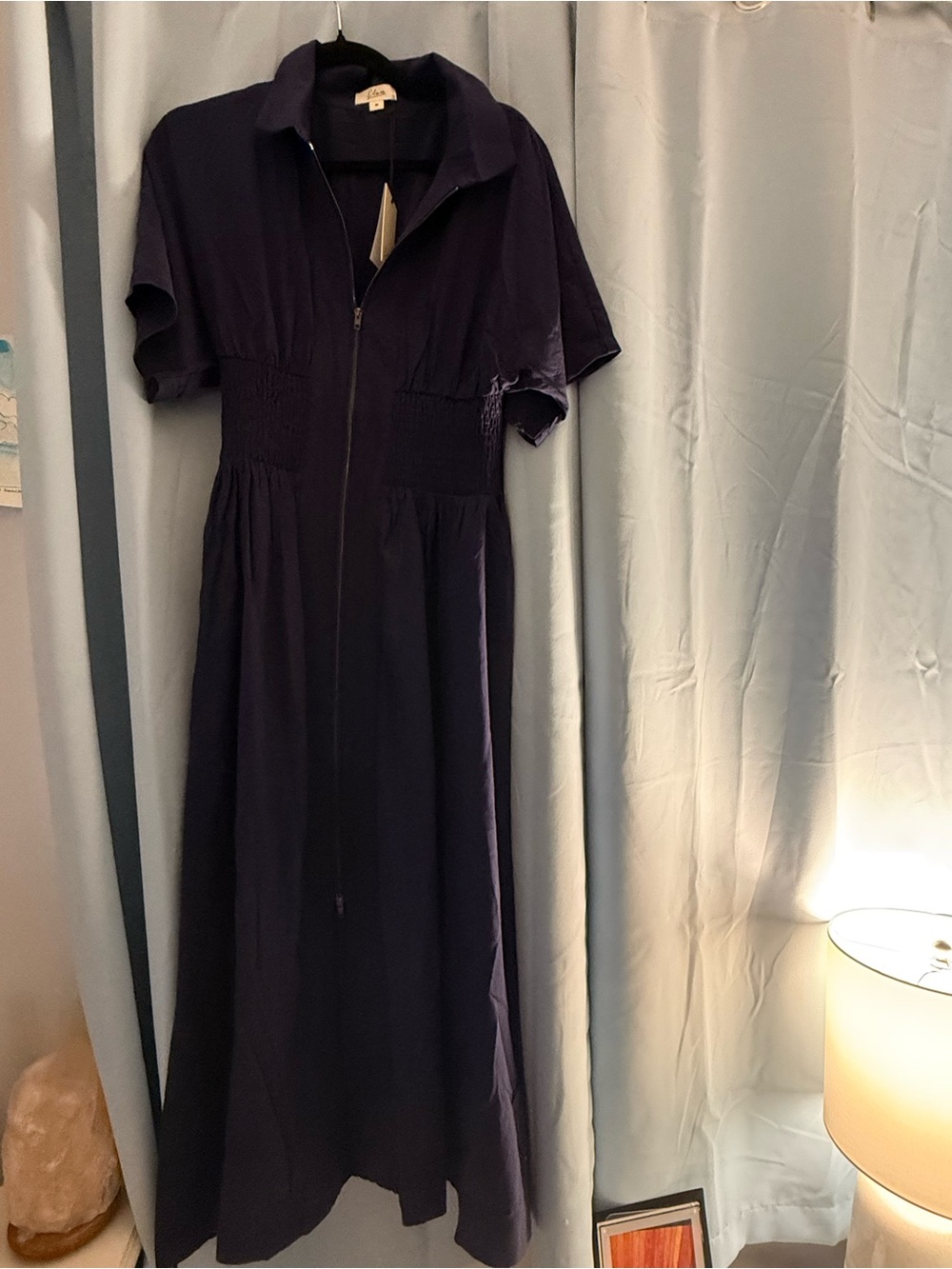 Elan Navy Zip-Front Maxi Dress with Smocked Waist